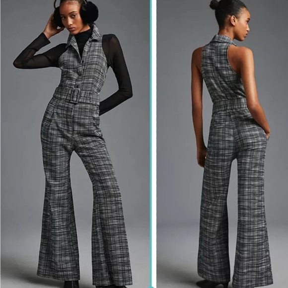 Anthropologie Maeve Plaid Halter Tweed Flare Jumpsuit Size 8 - Picture 1 of 5